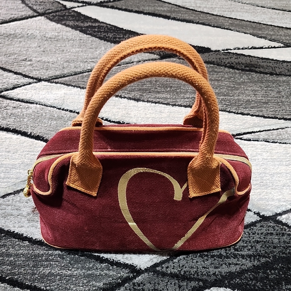 VINTAGE VS "SEXIEST ON EARTH"  VELOUR GOLD SHINE HEART CHARM MINI BOWLER SATCHEL